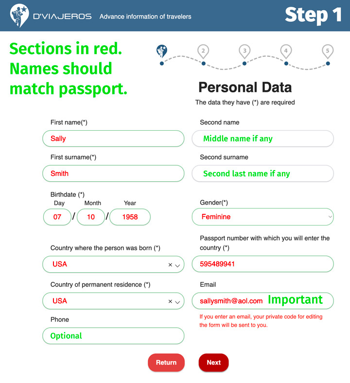 D'Viajeros Cuban Entry Form Personal Data page.
