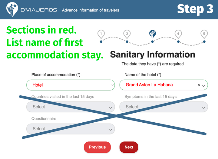 D'Viajeros Cuban Entry Form Sanitary Information page.