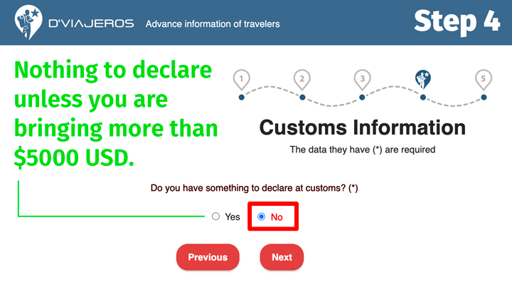 D'Viajeros Cuban Entry Form Customs Information page.