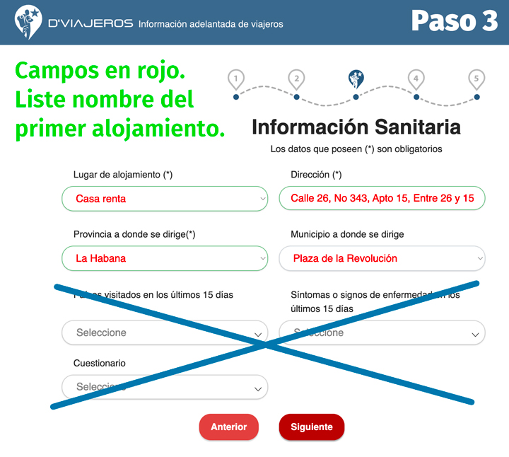 D'Viajeros Cuban Entry Form Sanitary Information page.