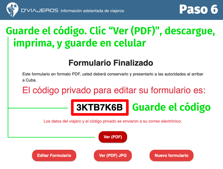 D'Viajeros Cuban Entry Form Completed page.